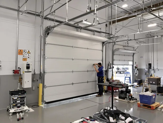 Commercial garage door repair being performed by Hudson Garage Door Repair expert in Hudson