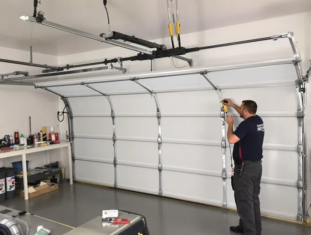 Hudson Garage Door Repair certified technician performing overhead door system repair in Hudson